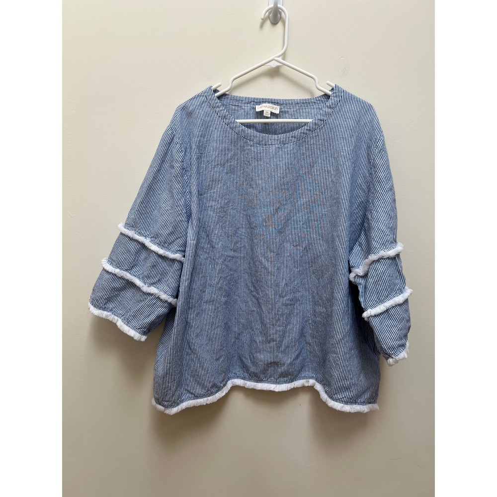 Cynthia Rowley Top Women 3X Blue Stripe Tiered Fringe Sleeve Linen Blend Blouse